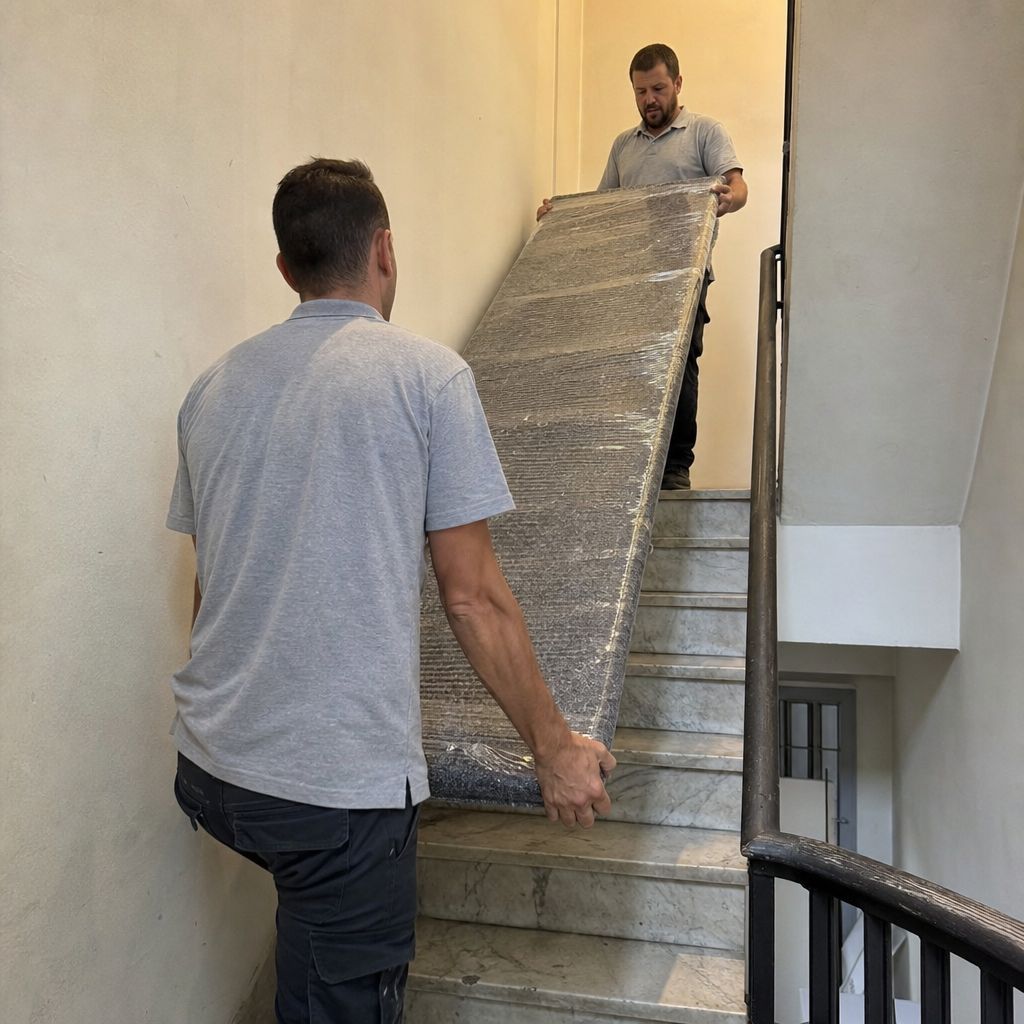 Due montatori portano il mobile imballato su per le scale di un condominio