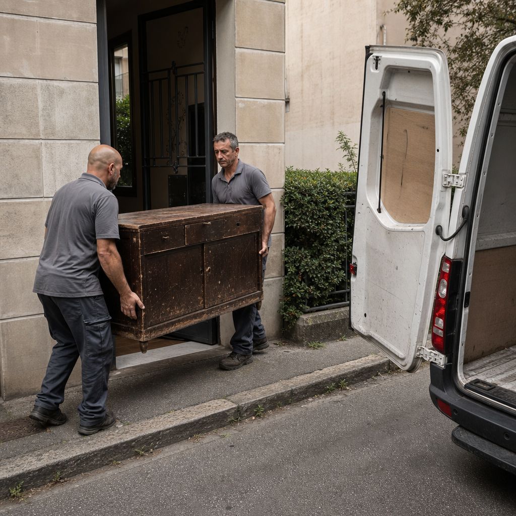 Il vecchio mobile rovinato viene portato via e caricato sul furgone