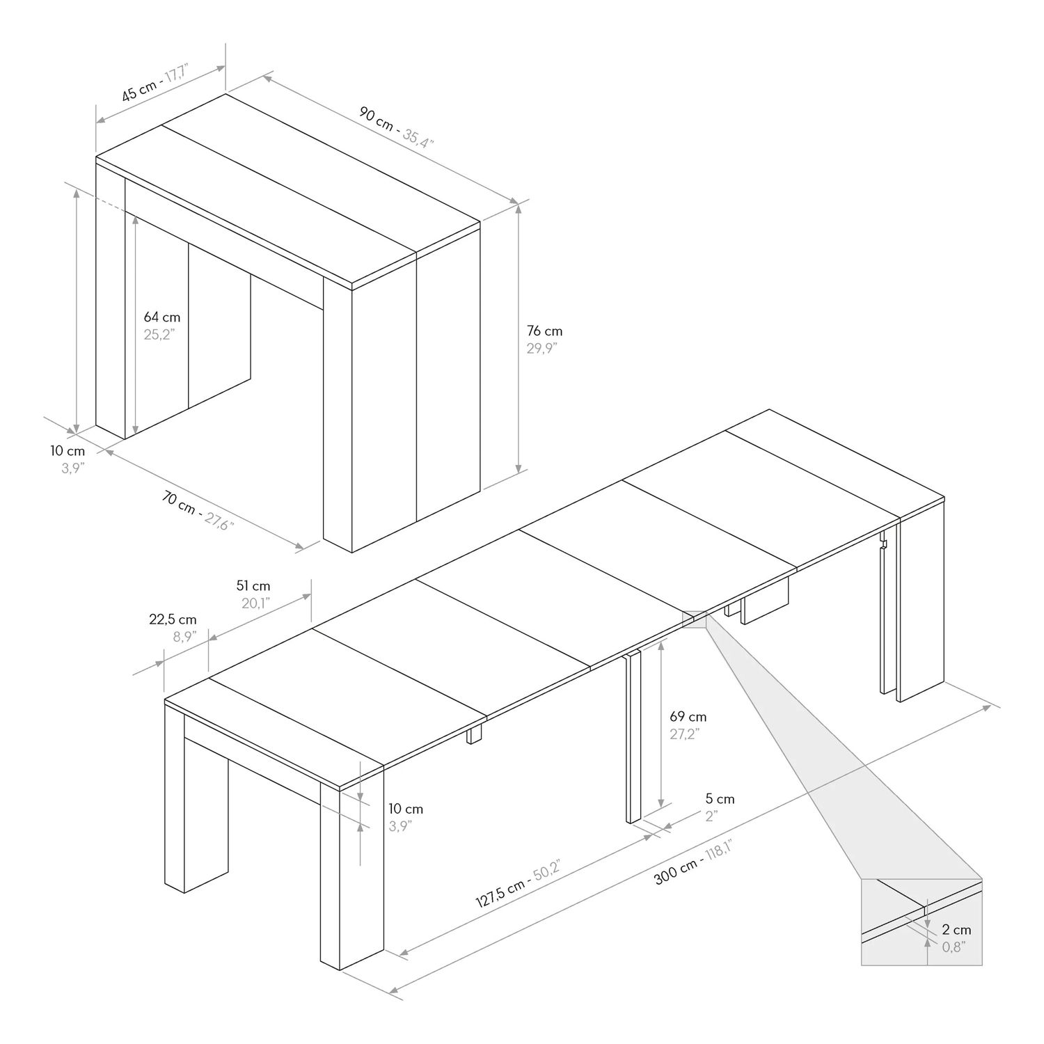 Disegno tecnico della consolle chiusa e aperta con tutte le quote in centimetri