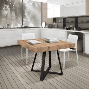 avolo allungabile 95x90 con base centrale incrociata in metallo nero e piano rovere