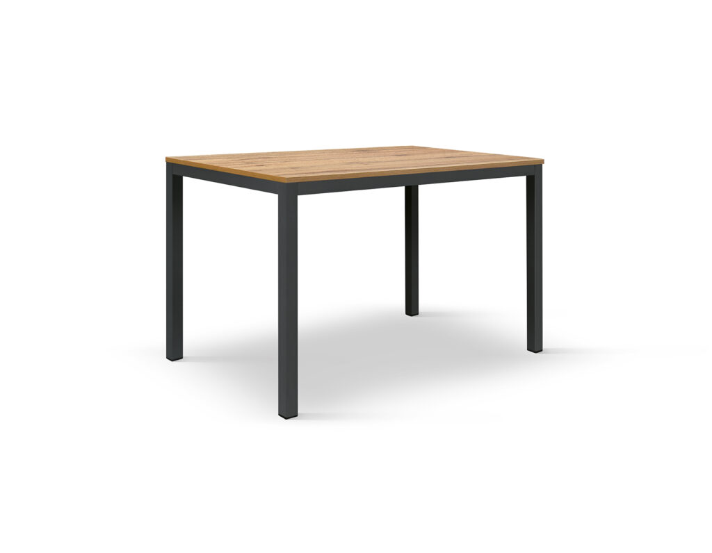 Dettaglio del piano quadrato in nobilitato effetto rovere del tavolo fisso 80x80