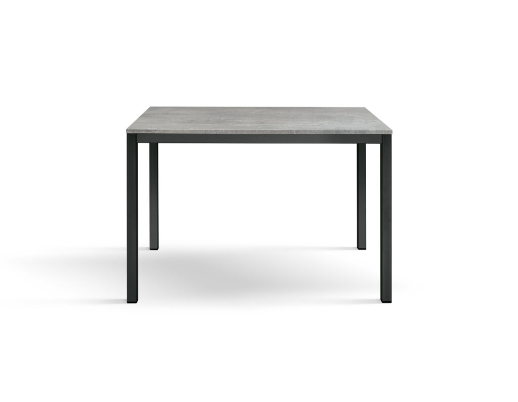 Tavolo fisso 80x80 rovere gambe antracite visto dall'alto, piano quadrato