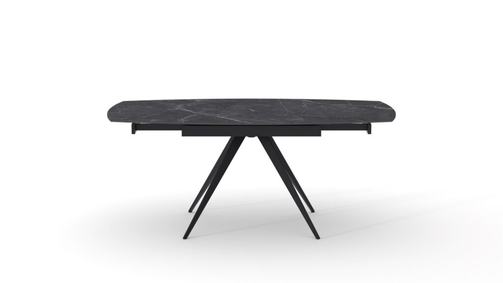 Dettaglio del piano in ceramica effetto marmo nero con venature chiare, finitura opaca