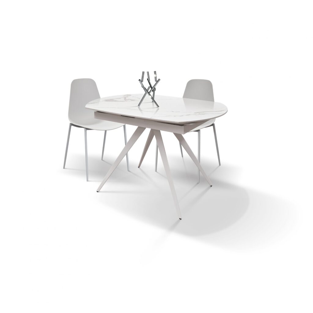 Gambe a compasso in metallo verniciato bianco del tavolo in ceramica bianca