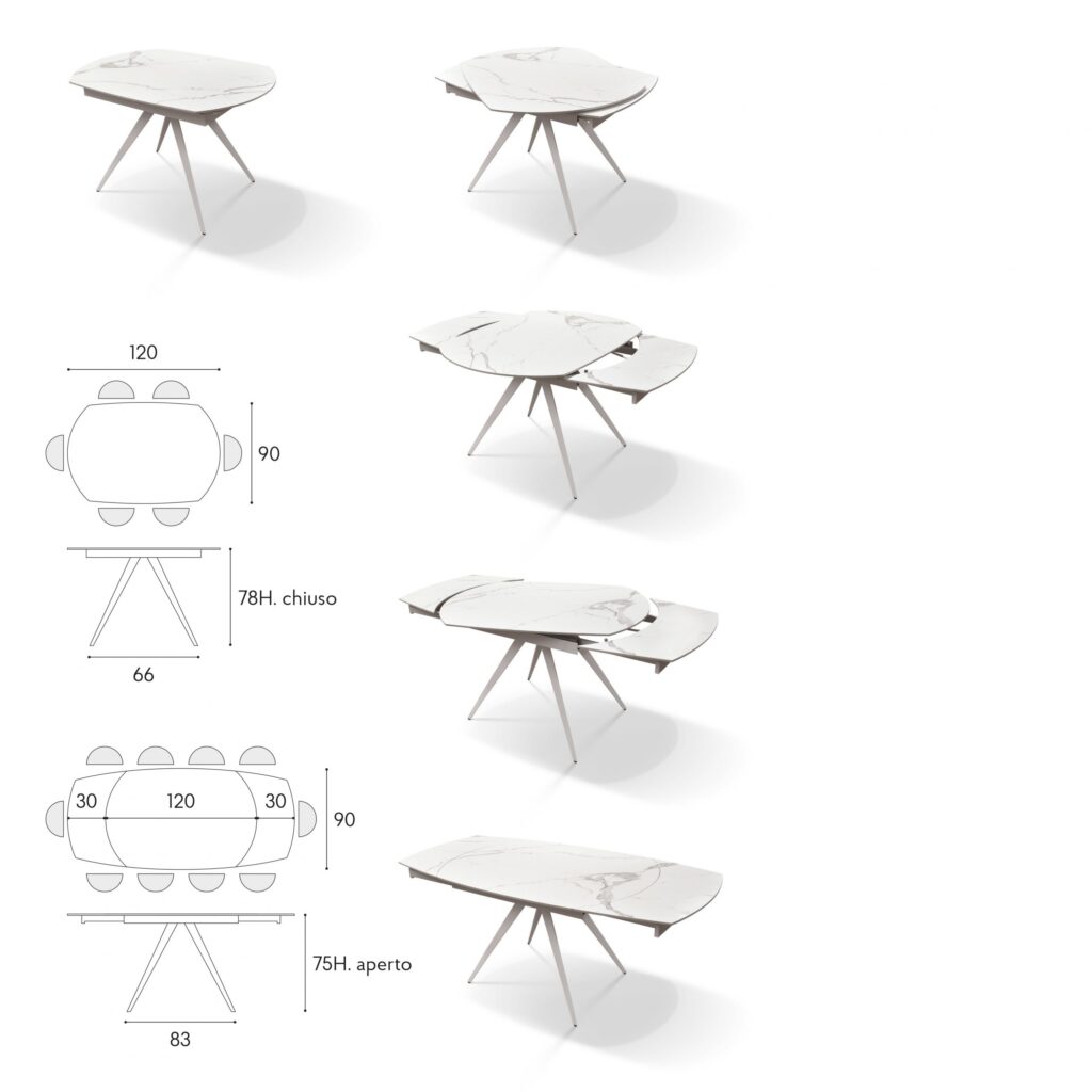 Le due allunghe integrate del tavolo allungabile e girevole in ceramica bianca