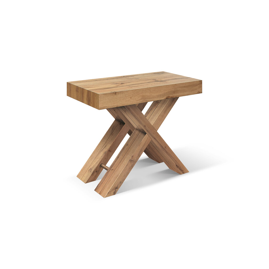 Consolle allungabile Luisa chiusa vista di tre quarti, con le gambe a X in legno rovere rustico