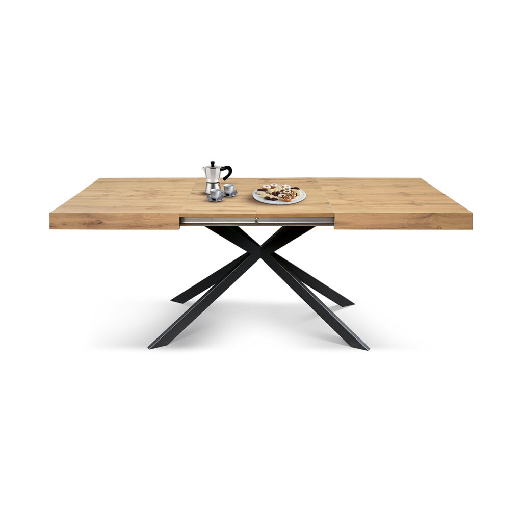 Tavolo allungabile gambe a X in metallo con piano rovere rustico