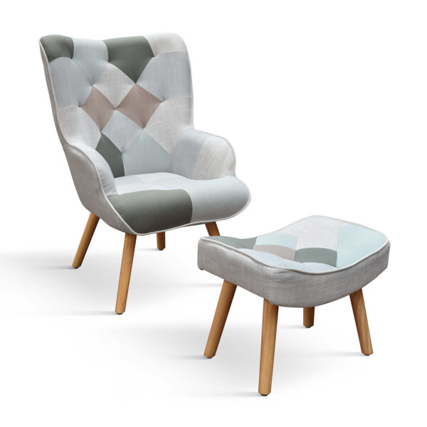 Poltrona Mila Patchwork Grigio e Verde con Poggiapiedi