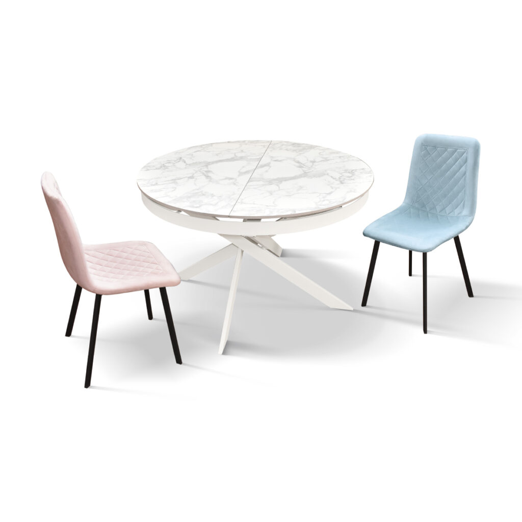 Tavolo rotondo allungabile Girasole in ceramica bianco arabesco aperto a 170 cm con l'allunga