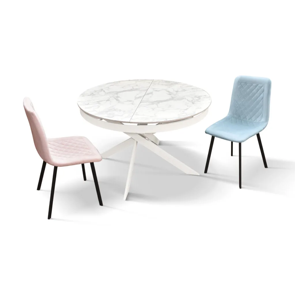 Tavolo Rotondo Allungabile in Ceramica Bianco Arabesco con Base in Metallo (foto 2 di 8)