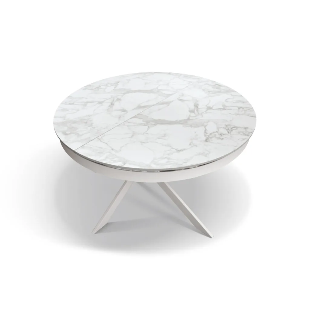 Tavolo Rotondo Allungabile in Ceramica Bianco Arabesco con Base in Metallo (foto 3 di 8)