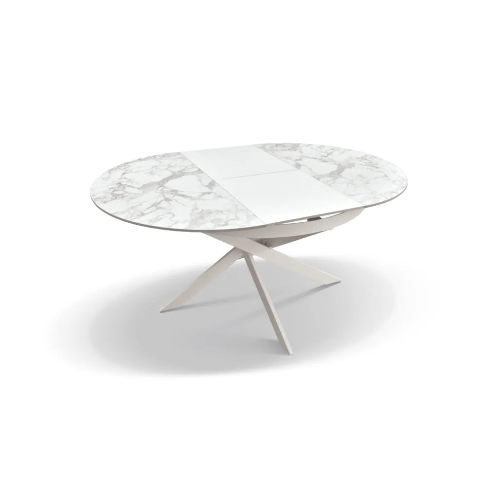 Tavolo Rotondo Allungabile in Ceramica Bianco Arabesco con Base in Metallo (foto 6 di 8)
