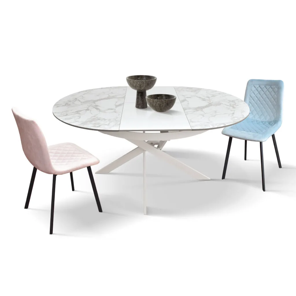 Tavolo Rotondo Allungabile in Ceramica Bianco Arabesco con Base in Metallo (foto 7 di 8)