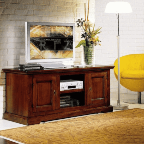Cassapanca porta TV massello da 140 cm con zoccolo a terra e due vani, finitura noce
