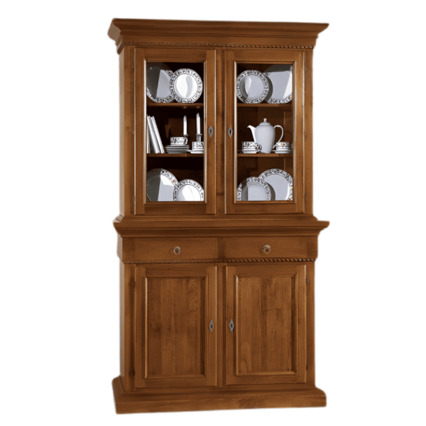 Base con alzata in legno massello alta 228 cm con due porte, due cassetti e alzata a due ante