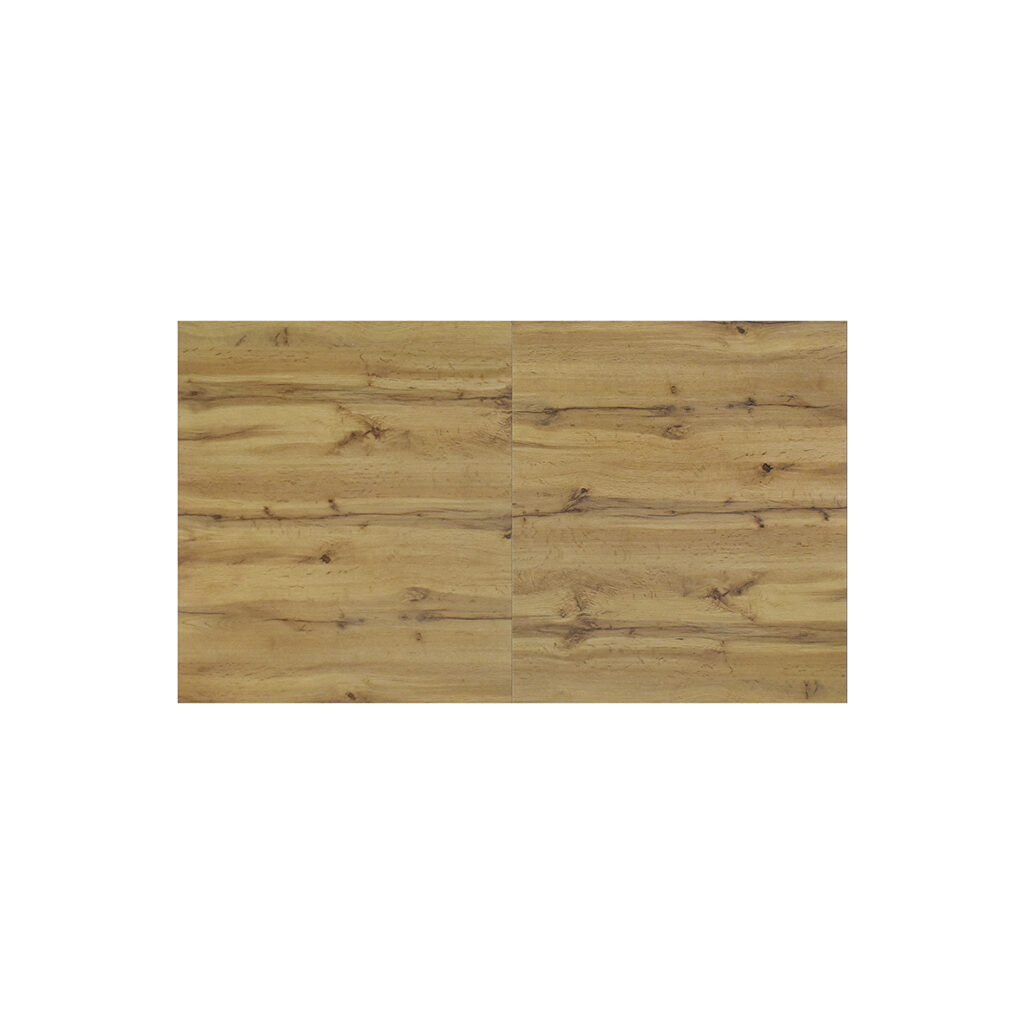Vista di tre quarti del tavolo allungabile in rovere con gambe squadrate da 120 a 140 cm