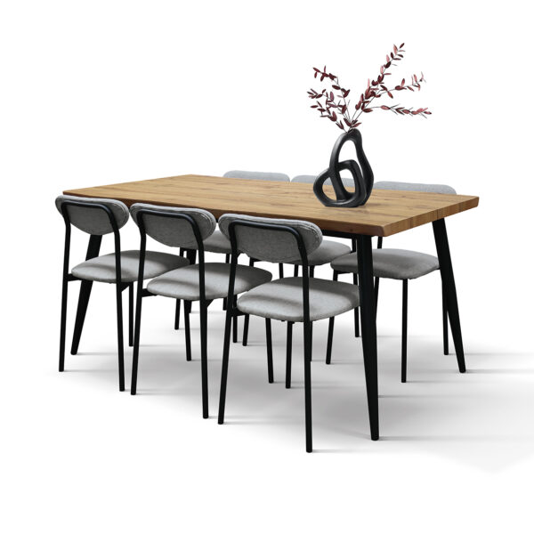 Set da Pranzo Industrial con Tavolo Rovere Rustico e 6 Sedie Grigie Imbottite