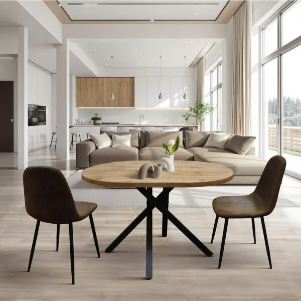 Tavolo Rotondo Allungabile Effetto Rovere con Gambe Nere a Incrocio