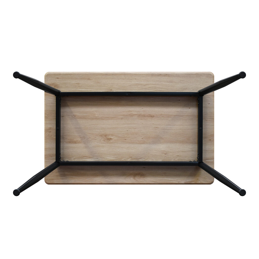Contrasto tra piano rovere rustico caldo e base nera del tavolo fisso 120x80