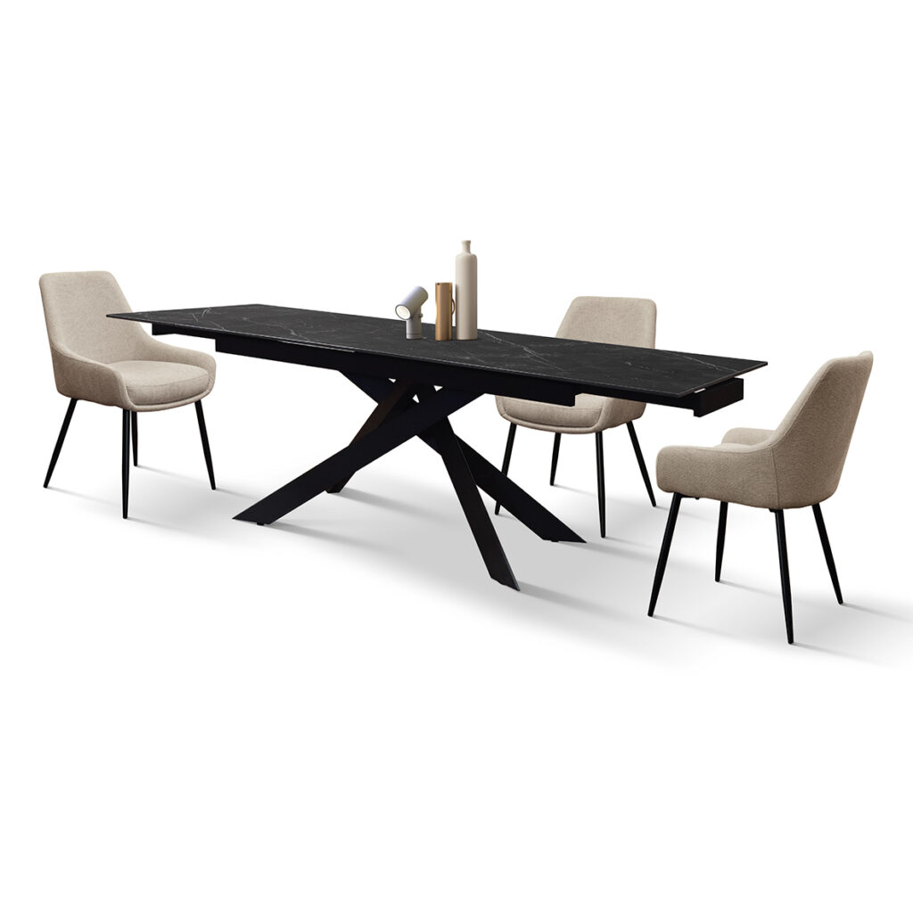 Angolo del piano in ceramica effetto marmo Calacatta black lux e gamba nera