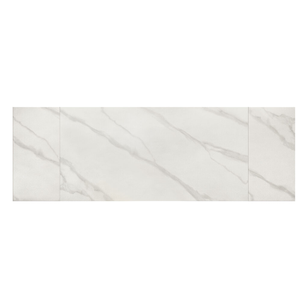 Tavolo allungabile in ceramica bianco con gambe bianche, vista di tre quarti
