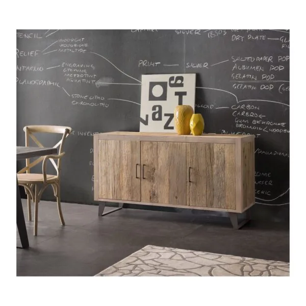 Credenza con gambe in ferro in ontano patina beige a 3 porte
