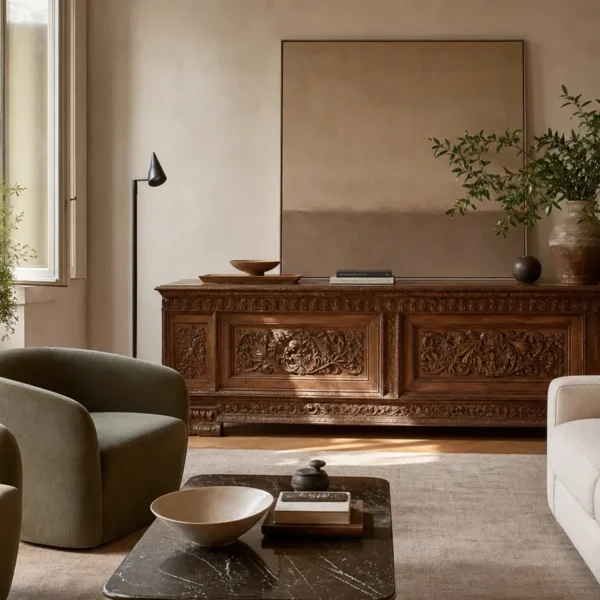 Soggiorno dove si vede come abbinare mobili classici e moderni: credenza in noce massello accanto a un tavolo dalle linee moderne