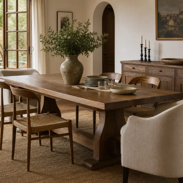 Tavolo da pranzo in legno con sedie ben abbinate in una sala luminosa, esempio di come abbinare sedie e tavolo