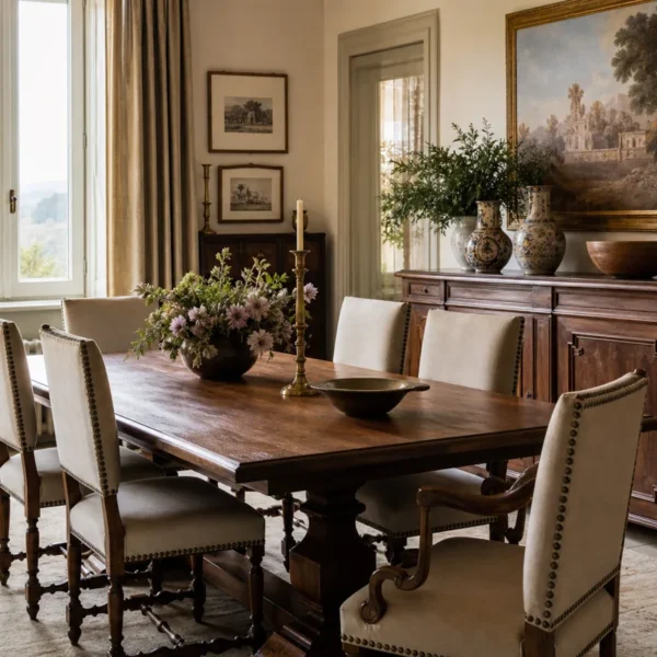 Sala da pranzo in legno arredata con tavolo, sedie e credenza: come arredare la sala da pranzo