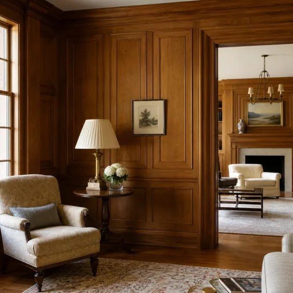 Boiserie in legno a parete in un salotto classico