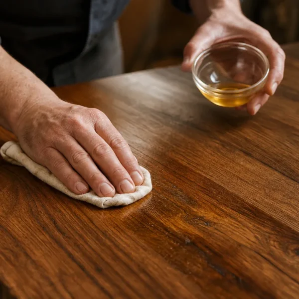 Mano che stende cera o olio per legno massello su un piano di rovere in laboratorio