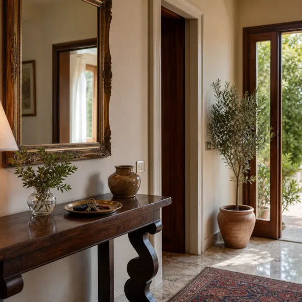 Ingresso di casa arredato con consolle in legno, specchiera e lampada, esempio di come arredare l'ingresso con gusto