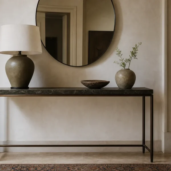 Consolle moderna sottile con specchio e lampada in un ingresso italiano luminoso