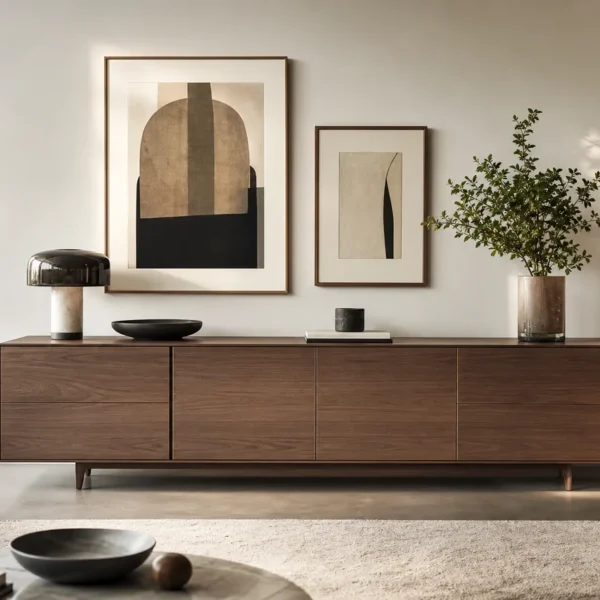 Credenza moderna bassa in un soggiorno contemporaneo italiano con luce naturale
