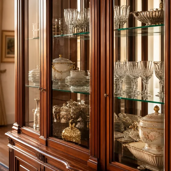 Cristalliera classica in legno con ante a vetro e servizio di bicchieri esposto