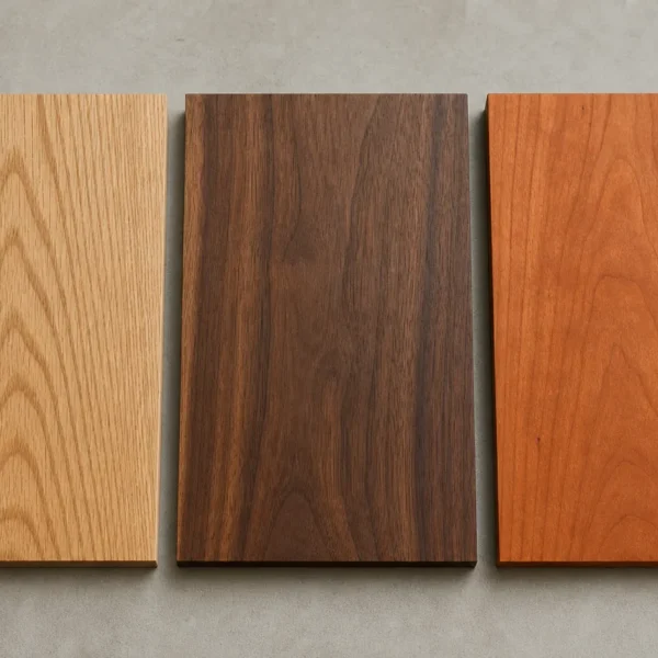Confronto fra tre tavole di legno massello che mostra la differenza tra rovere, noce e ciliegio
