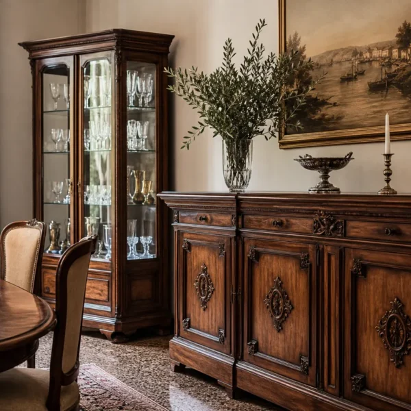 Schema della differenza tra credenza e madia, vetrina e argentiere in legno classico
