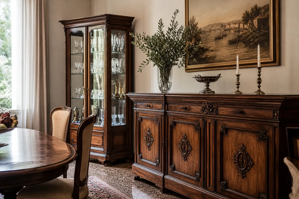 Schema della differenza tra credenza e madia, vetrina e argentiere in legno classico
