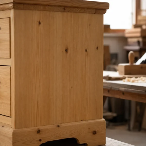 Legno di abete massello con venature dritte e piccoli nodi sul fianco di un comò, in un laboratorio di falegnameria