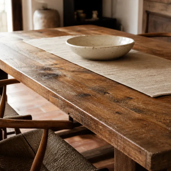 Tavolo in legno di recupero con venatura marcata e nodi in una casa italiana calda
