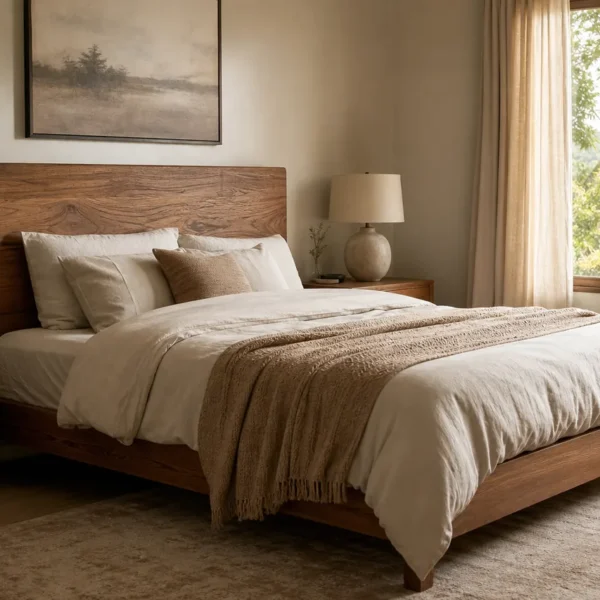 Camera da letto con letto matrimoniale in legno massello e testiera a pannello, biancheria chiara e luce naturale del mattino