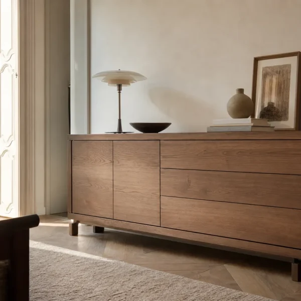 Madia moderna in legno chiaro appoggiata a una parete luminosa in un soggiorno italiano