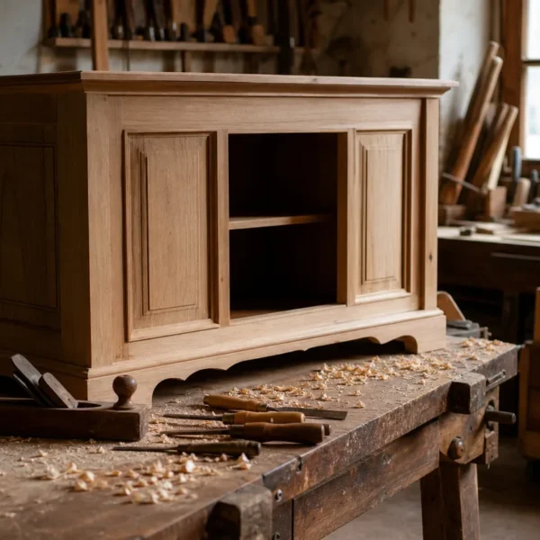 Falegname al lavoro su mobili made in Italy in legno massello
