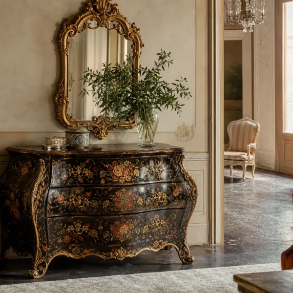 Comò in stile veneziano laccato con decori floreali dipinti e specchiera dorata in un salotto italiano elegante