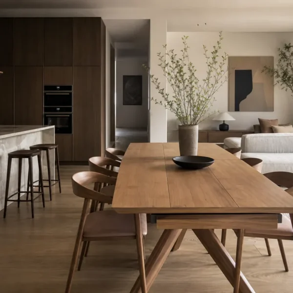 Soluzione per arredare la zona pranzo open space con consolle allungabile come divisorio