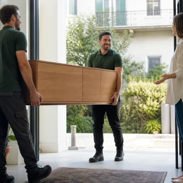 Falegname che consegna un mobile in legno a casa del cliente con pagamento alla consegna dei mobili