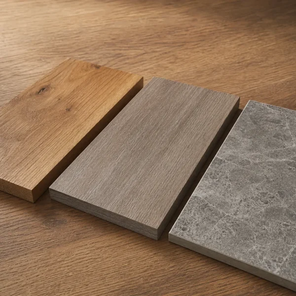 Campioni di piano in ceramica o legno e laminato affiancati su un tavolo alla luce naturale