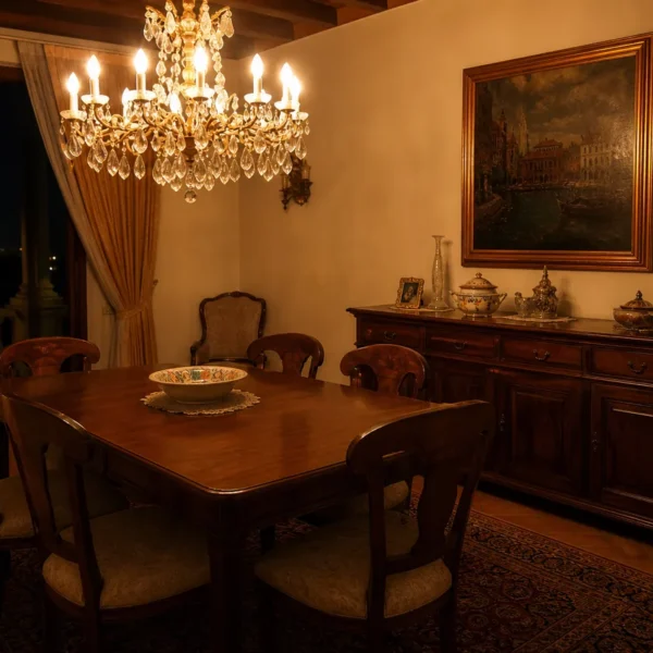 Sala da pranzo classica in legno con tavolo, sedie e credenza abbinati