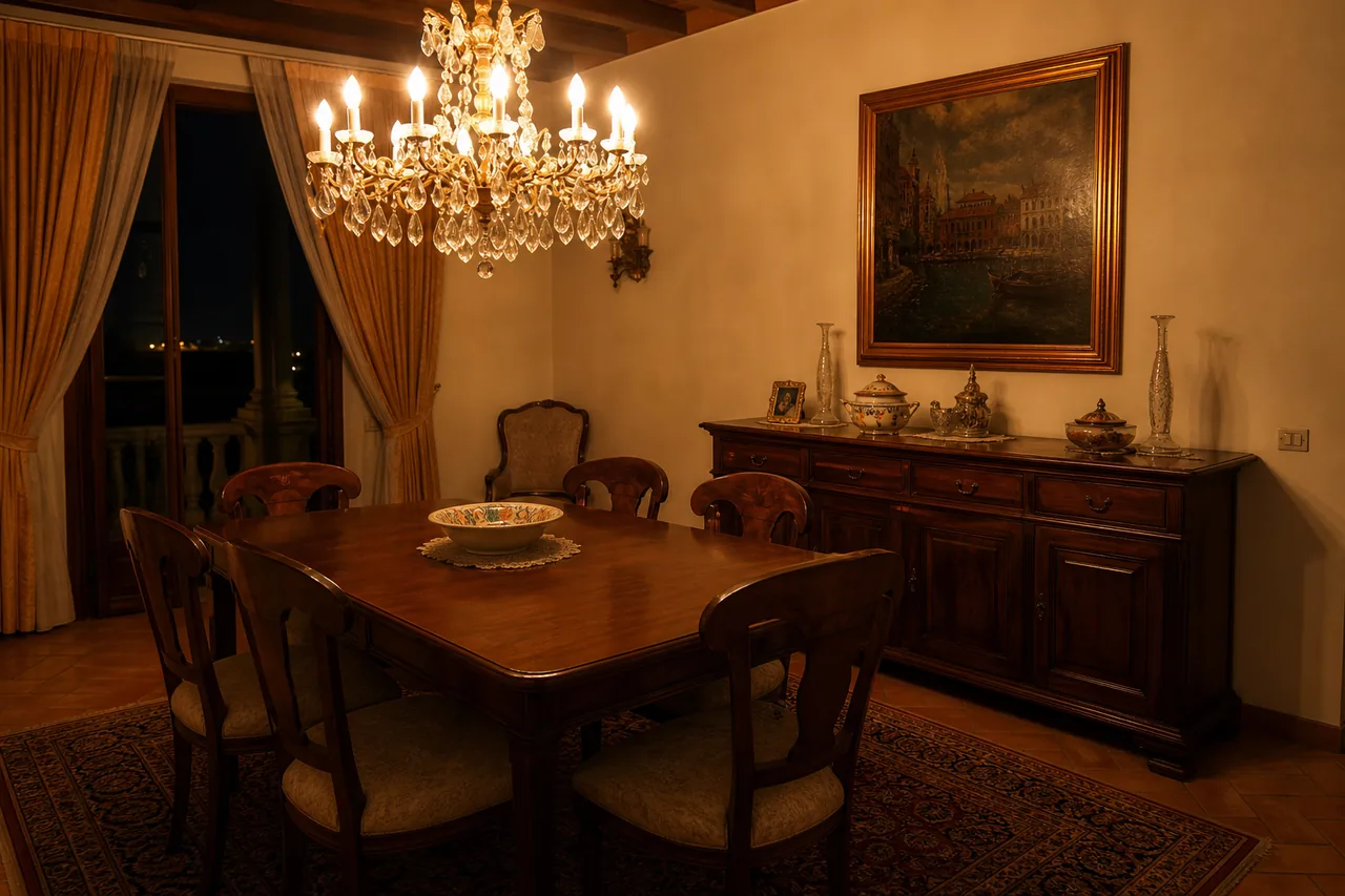Sala da pranzo classica in legno con tavolo, sedie e credenza abbinati