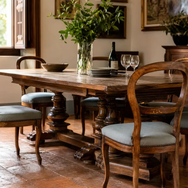 Sedie sala da pranzo in legno abbinate a un tavolo classico apparecchiato
